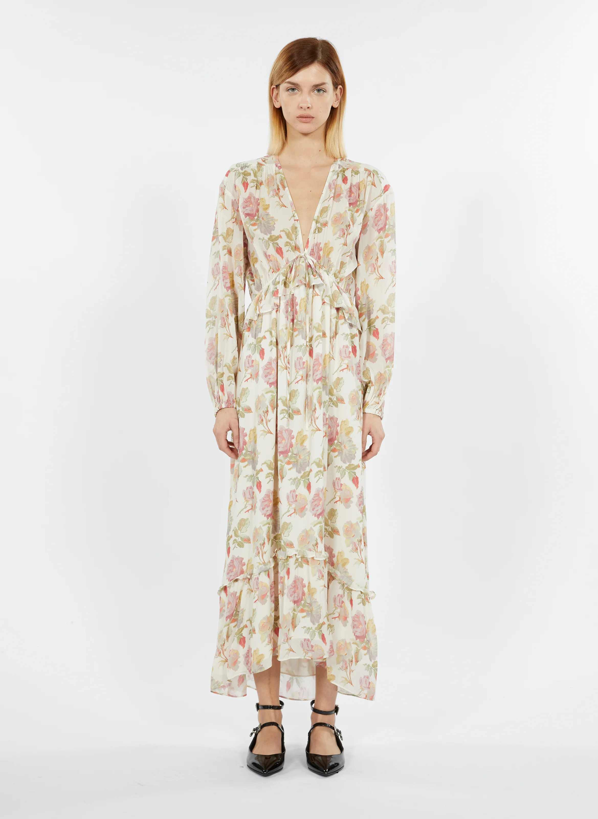 Robe longue imprimée en soie | Beige