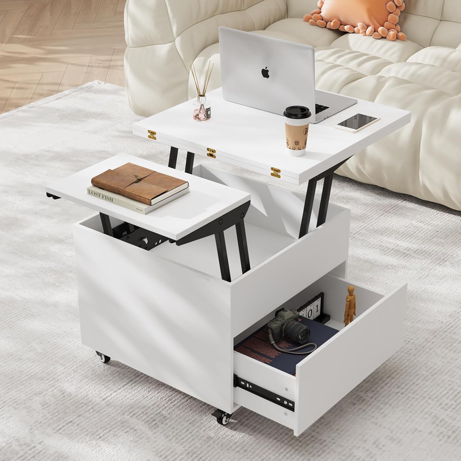 VOWNER Couchtisch Höhenverstellbar, 3-in-1-Multifunktions-Couchtisch Umwandelbar in Wohnzimmer-Esstisch, Couchtisch mit Verstecktem Stauraum, 120L x 60W x 68H cm (Weiß)