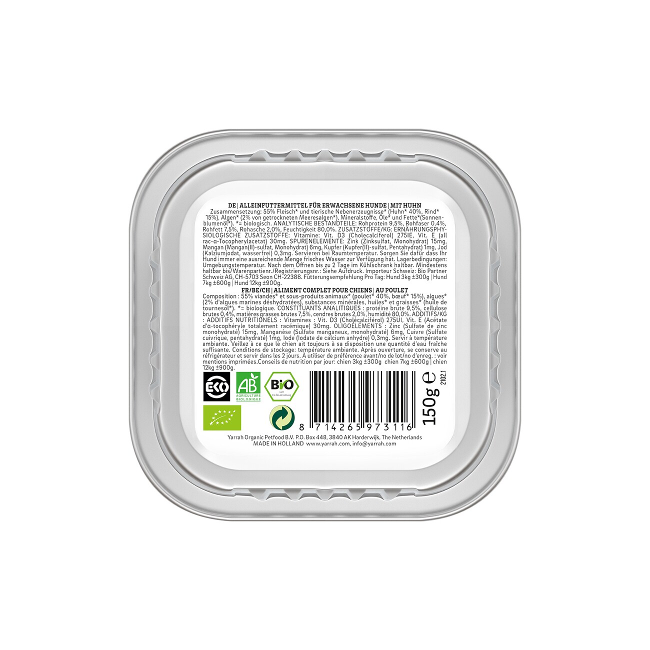 Yarrah Bio Nassfutter Adult Pastete 12x150 g Huhn mit Meeresalgen