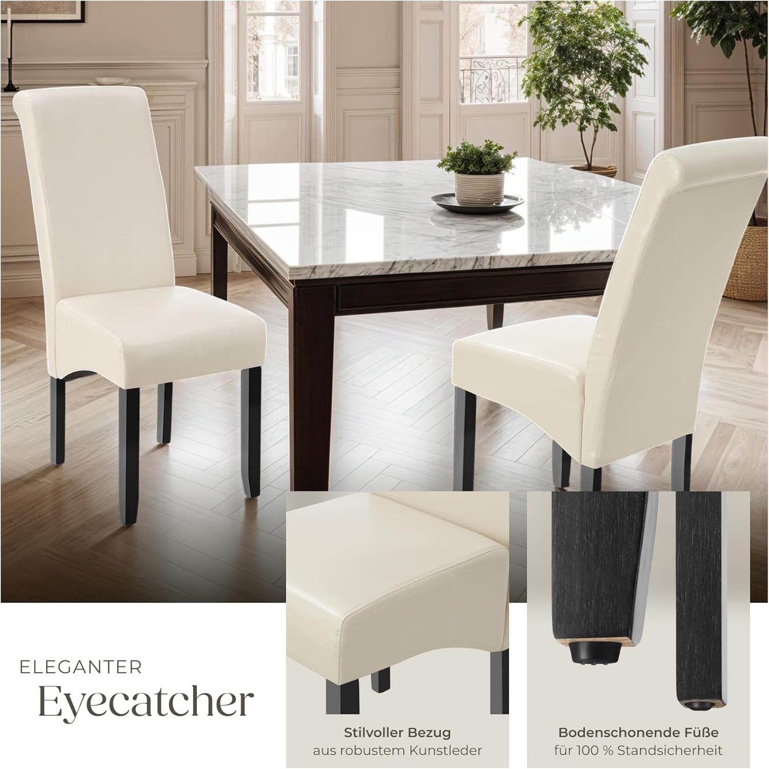 tectake® 2er Set Stühle, Kunstleder Stuhl mit hoher Rückenlehne, ergonomische Form, perfekt für den Esstisch, als Esszimmerstühle, Küchenstühle oder im Wohnzimmer - Creme