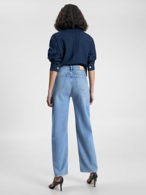 Calça jeans desbotada de cintura alta, corte reto e modelagem relaxada.