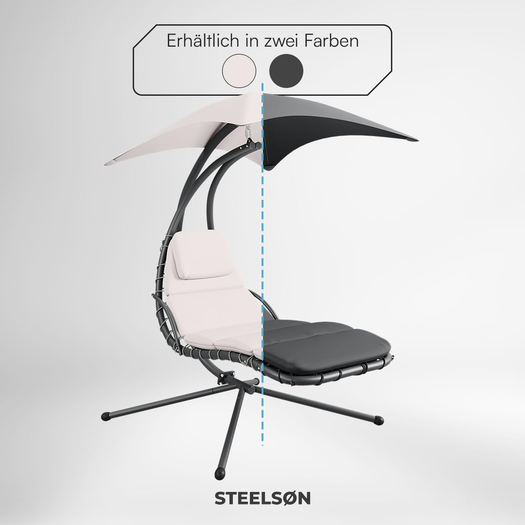 STEELSØN Schwebeliege Nyria, Hängeliege mit Gestell, Hängesessel inkl. Polsterauflage für Garten, Terrasse und Balkon, Schaukelliege, Schwingliege mit Sonnendach beige