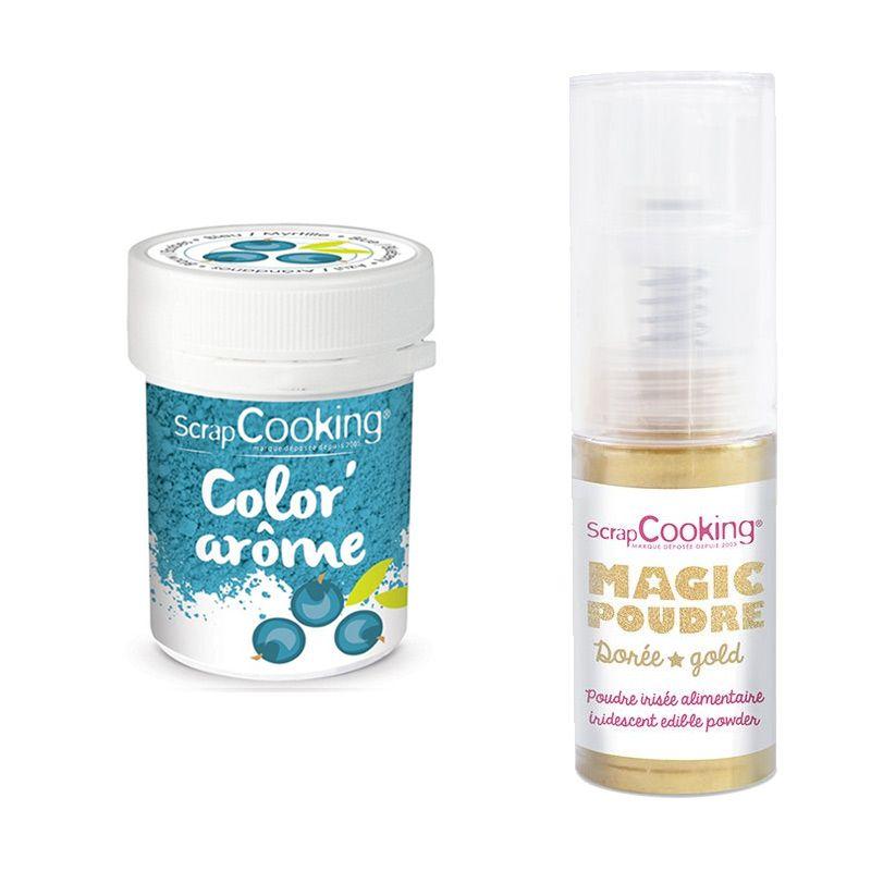 Colorant alimentaire bleu arôme myrtille + Poudre alimentaire irisée d