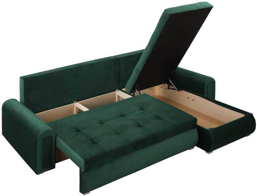 Forli Ecksofa mit Schlaffunktion und Bettkasten – Couch L-Form 232 x 143 x 80 cm in Grün, Basic Stoff, modernes Sofa mit Stauraum und komfortabler Liegefläche