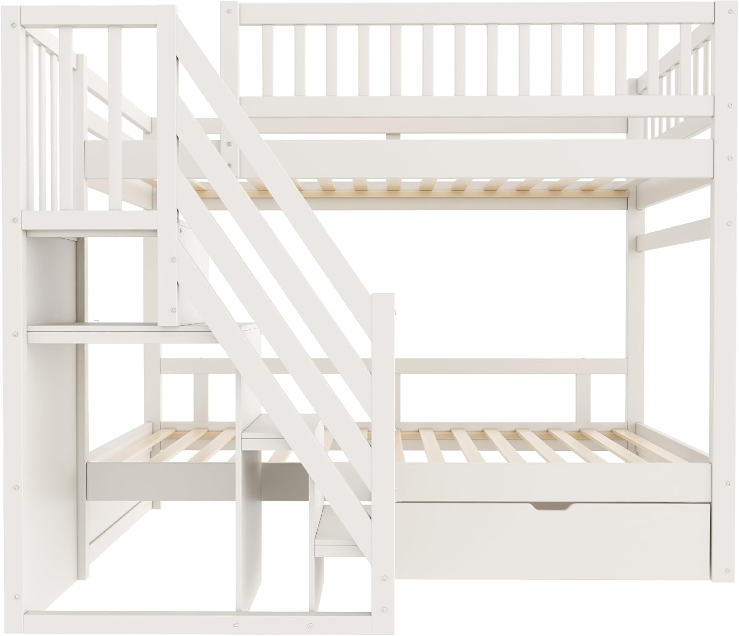 Kinderbett Etagenbett 90x200 Für 2 Kinder, Hochbett mit Treppe&Aufbewahrungsschrank&Schublade, Massivholz Funktionsbett Stockbett Jugendhochbett mit 2xLattenrost & Rausfallschutz, Ohne Matratze, Weiß