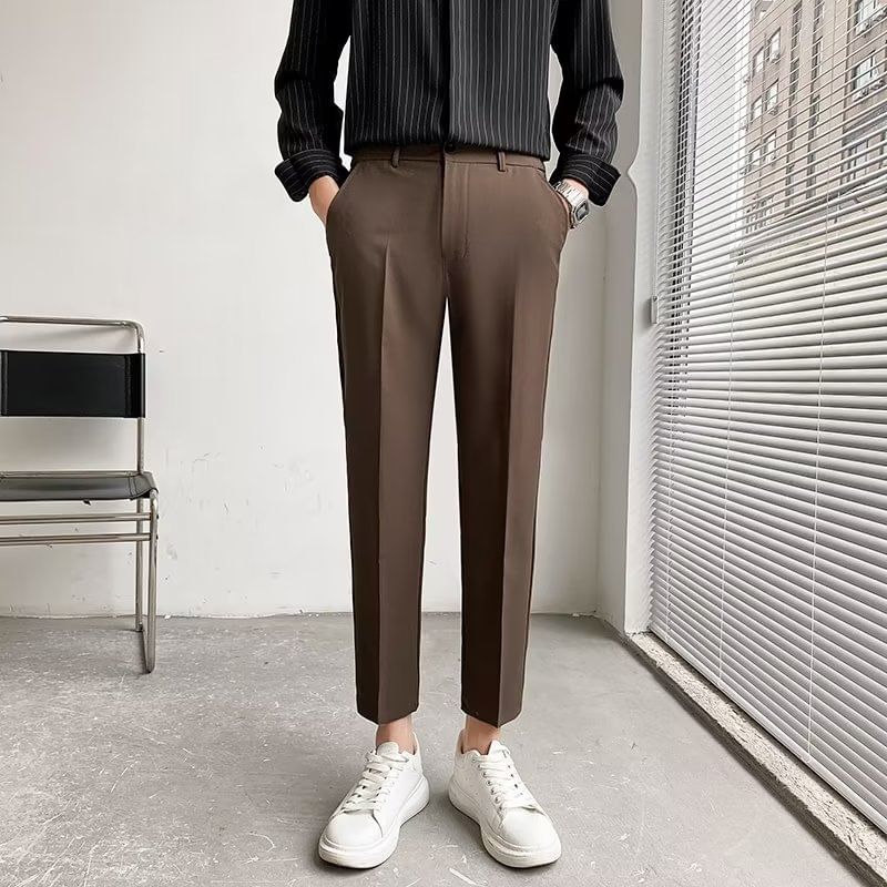Lingaris - Mid Rise Plain Cropped Straight Leg Dress Pants