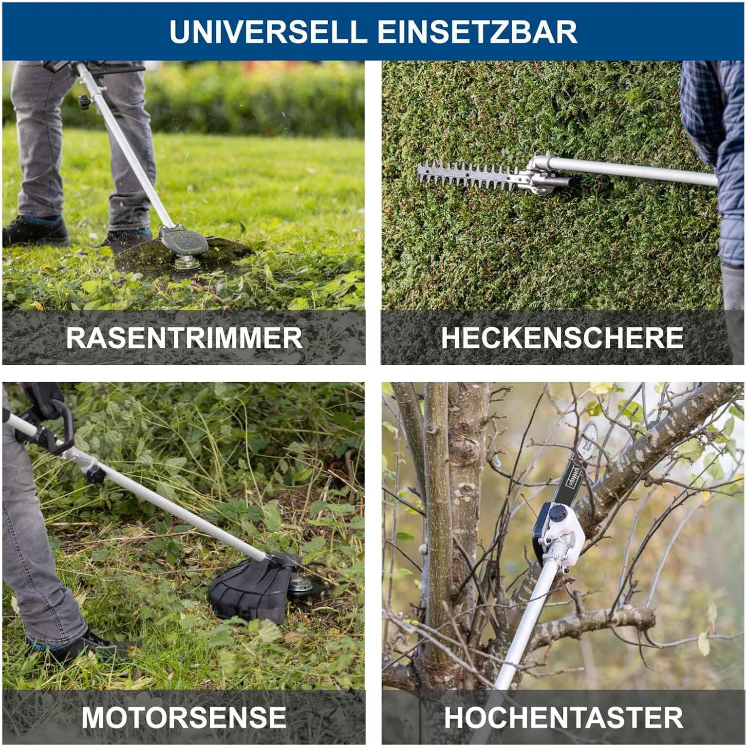 Scheppach 4in1 Akku Multifunktionsgerät BC-MFH400-X Brushless Multigartengerät | Rasentrimmer, Motorsense, Heckenschere, Hochentaster | 20V-IXES-Serie | 10 Jahre Garantie | mit 2x 2Ah Akku & Ladegerät
