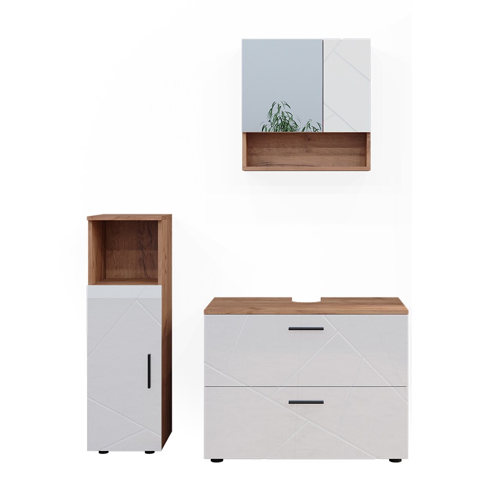 Vicco Badmöbelset Irma Eiche Weiß Hochglanz modern Badezimmerschrank Badschrank Badezimmermöbel Waschtischunterschrank Spiegelschrank Midischrank Schrankschublade Schranktür Schrankfach
