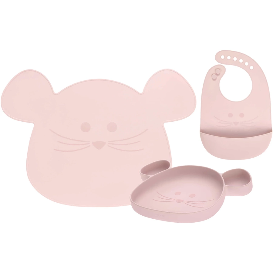 Lässig Silikon Geschirrset mit Lätzchen Little Chums 3er Set rosa