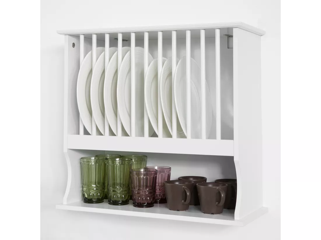 Porte-Assiettes Murale Meuble de Rangement d'assiettes Mural - avec 1 étagère – Blanc,SoBuy KCR04-W