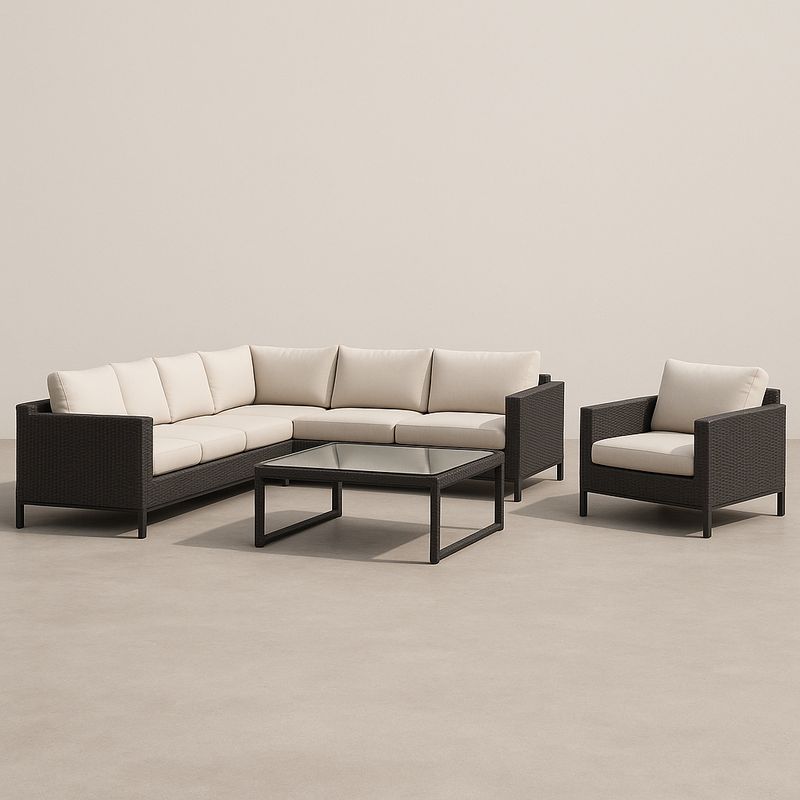 Modulares Rattan Gartensofa Set Schwarz Creme Aluminium Glas Tisch
