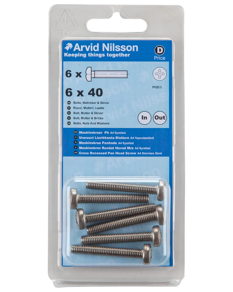 Arvid Nilsson Maskinskrue A4 PH M6 x 40 mm 6-pak