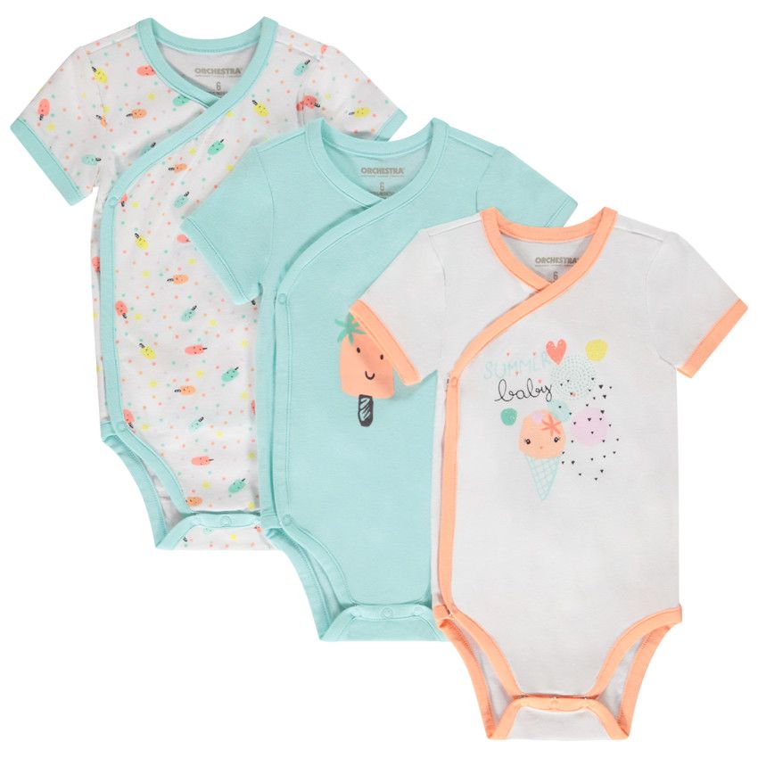 Lot de 3 bodies manches courtes fantaisie pour bébé fille - Ouvertures différentes selon l'âge - Blanc