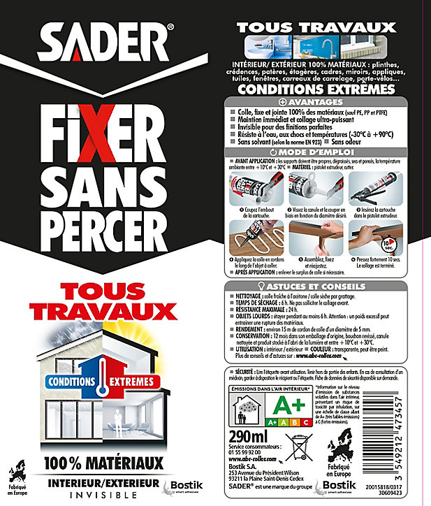 Mastic de Fixation Sader Fixer Sans Percer Tous Travaux - Invisible Cartouche 290ml