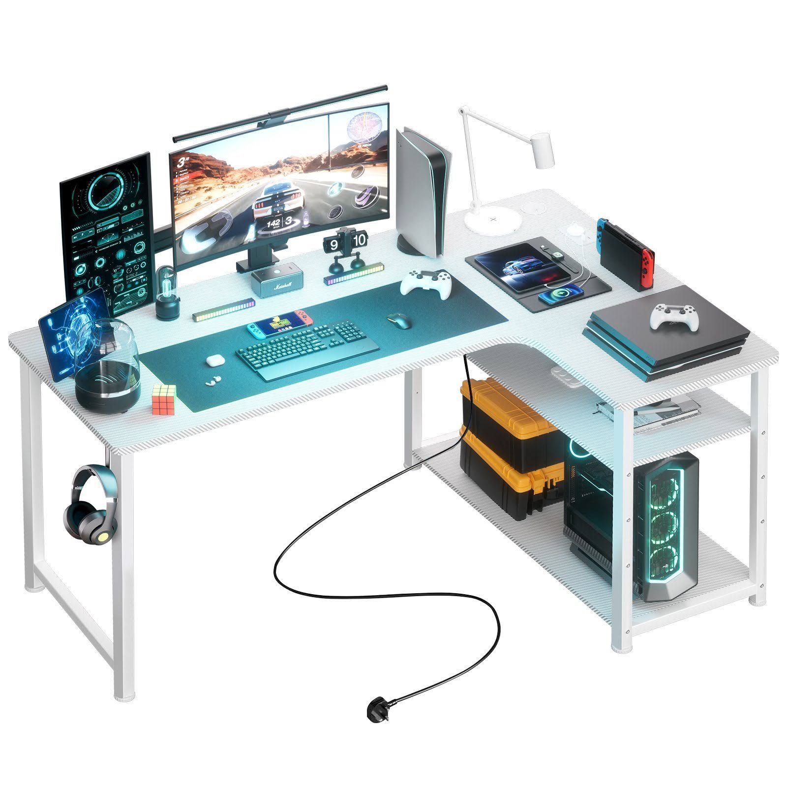 GTPLAYER Gamingtisch Eckschreibtisch Schreibtisch mit Regal USB-Ladean