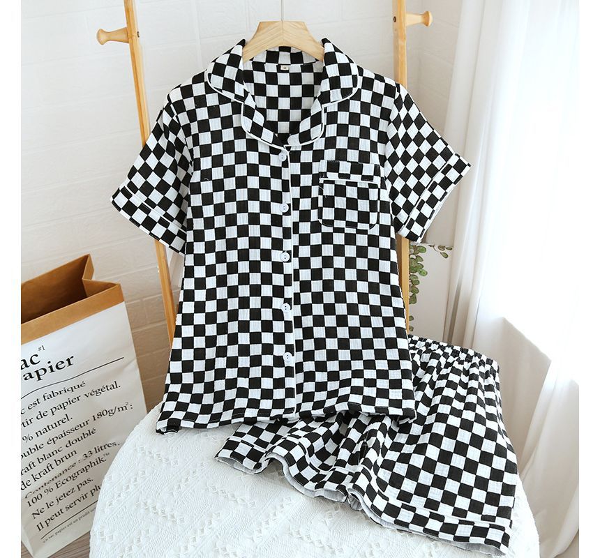 Somnus - Bijpassende pyjamaset voor koppels: top met korte mouwen en schaakbordmotief + shorts (verschillende ontwerpen)