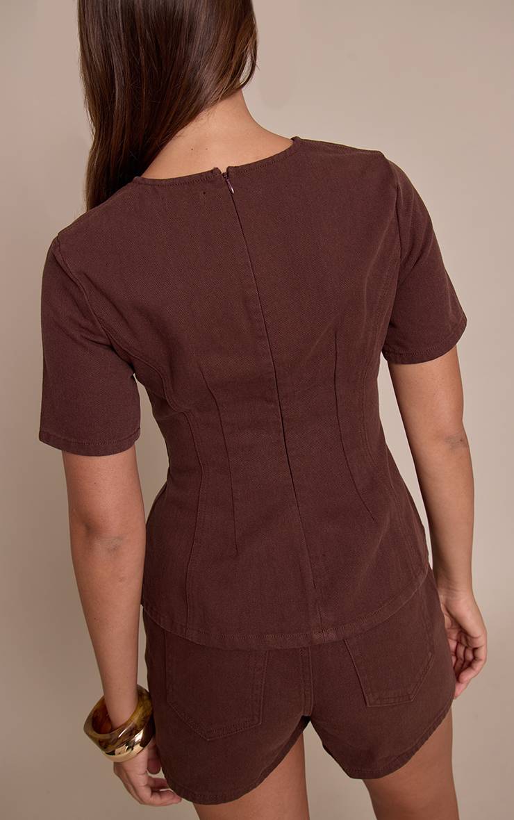 Chocolat Haut En Denim Péplum Bordeaux Foncé Avec Taille Cintrée