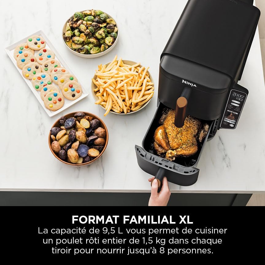 NINJA Double Stack XL Air Fryer, Friteuse sans huile Verticale Double Tiroir 4 Niveaux de Cuisson, 2 Tiroirs, 2 Grilles, Capacité de 9,5 L, 6 Fonctions, 8 Portions, Pinces, Noir/Cuivre SL400EUCP