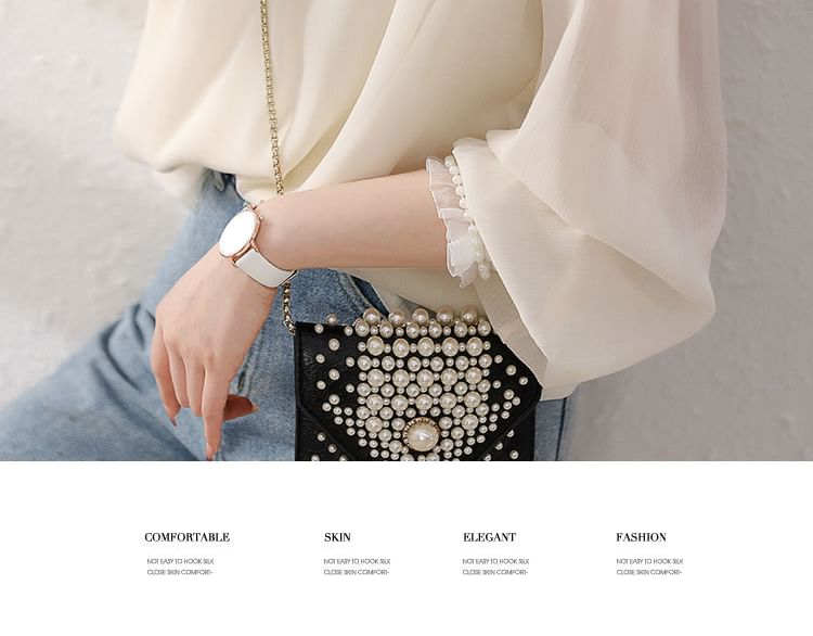 malabar - Blouse met lange mouwen en een mockneck, effen volantrand en imitatieparels