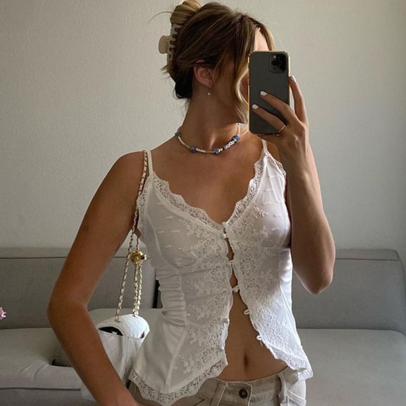 MOONGATE - Camisoletop met knoopjes en effen kant