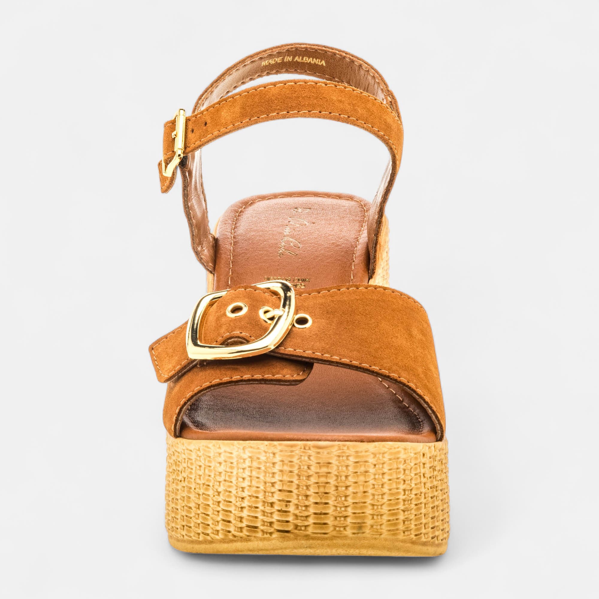 Nu-pieds à talon compensé Femme en cuir cognac
