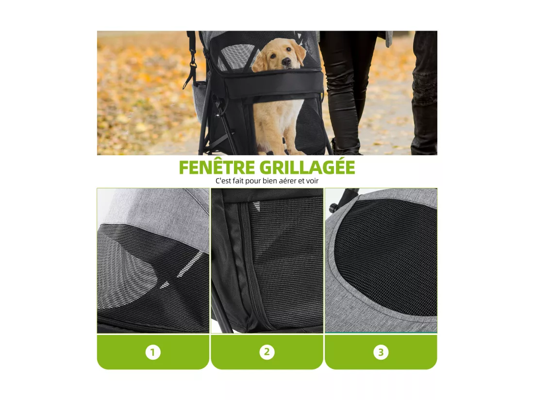 YITAHOME Poussette pour Chiens de Petite et Moyenne Taille - à 4 Roues avec Bretelles - Pliable - Porte-Gobelet - Gris