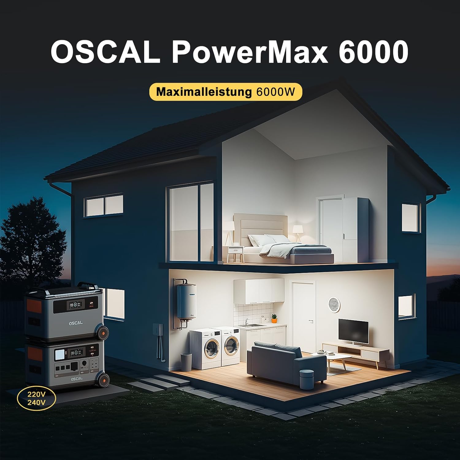 OSCAL 6000W/3600Wh Kraftwerk mit Spezieller Powermax 6000-Akkusatz Erweiterungsbatterie, erweiterbare Kapazität von 3600Wh auf 7200Wh, 6000W Solargenerator für Home Backup, Wohnmobil, Notfall