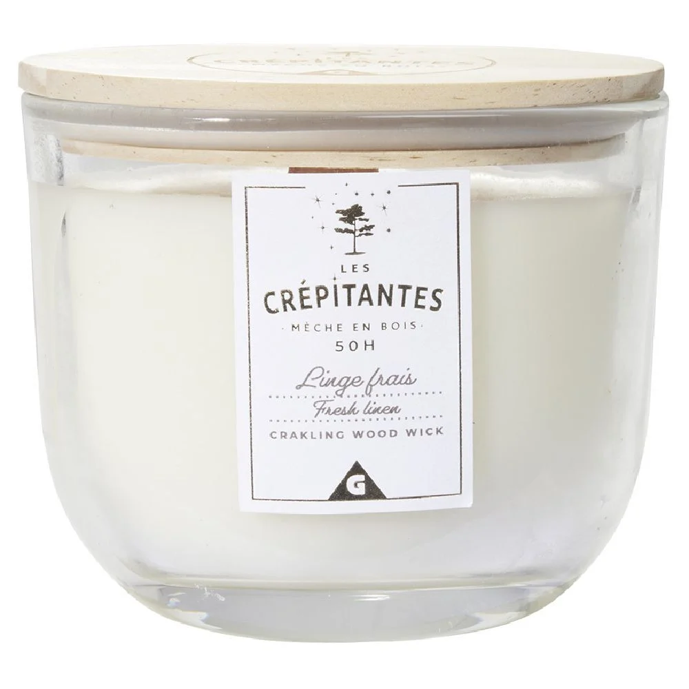 Bougie parfumée blanche Les crépitantes senteur linge frais 50H
