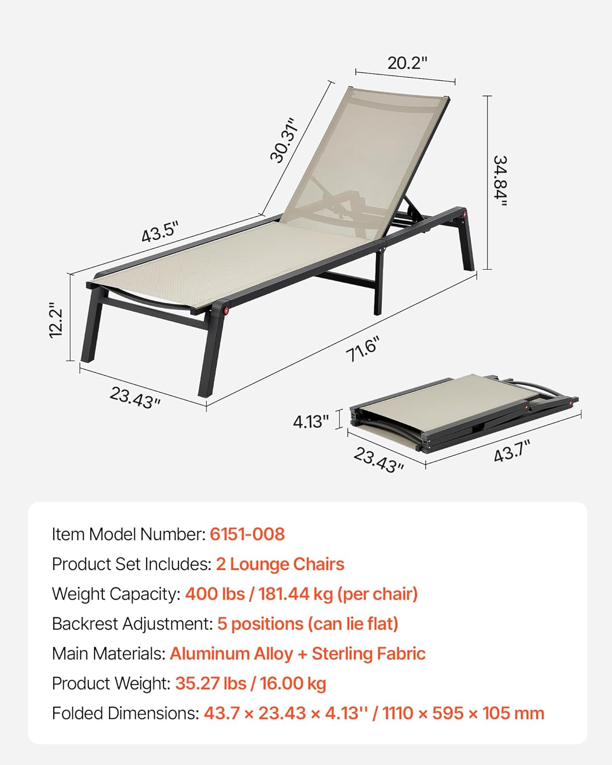 VEVOR Sonnenliege, 181,44 kg Tragkraft, Klappbarer Liegestuhl aus Aluminium, 2er-Set, Gartenliege mit 5 verstellbaren Positionen, Strandliege für Outdoor, Pool, Strand, Terrasse, Patio, Rasen
