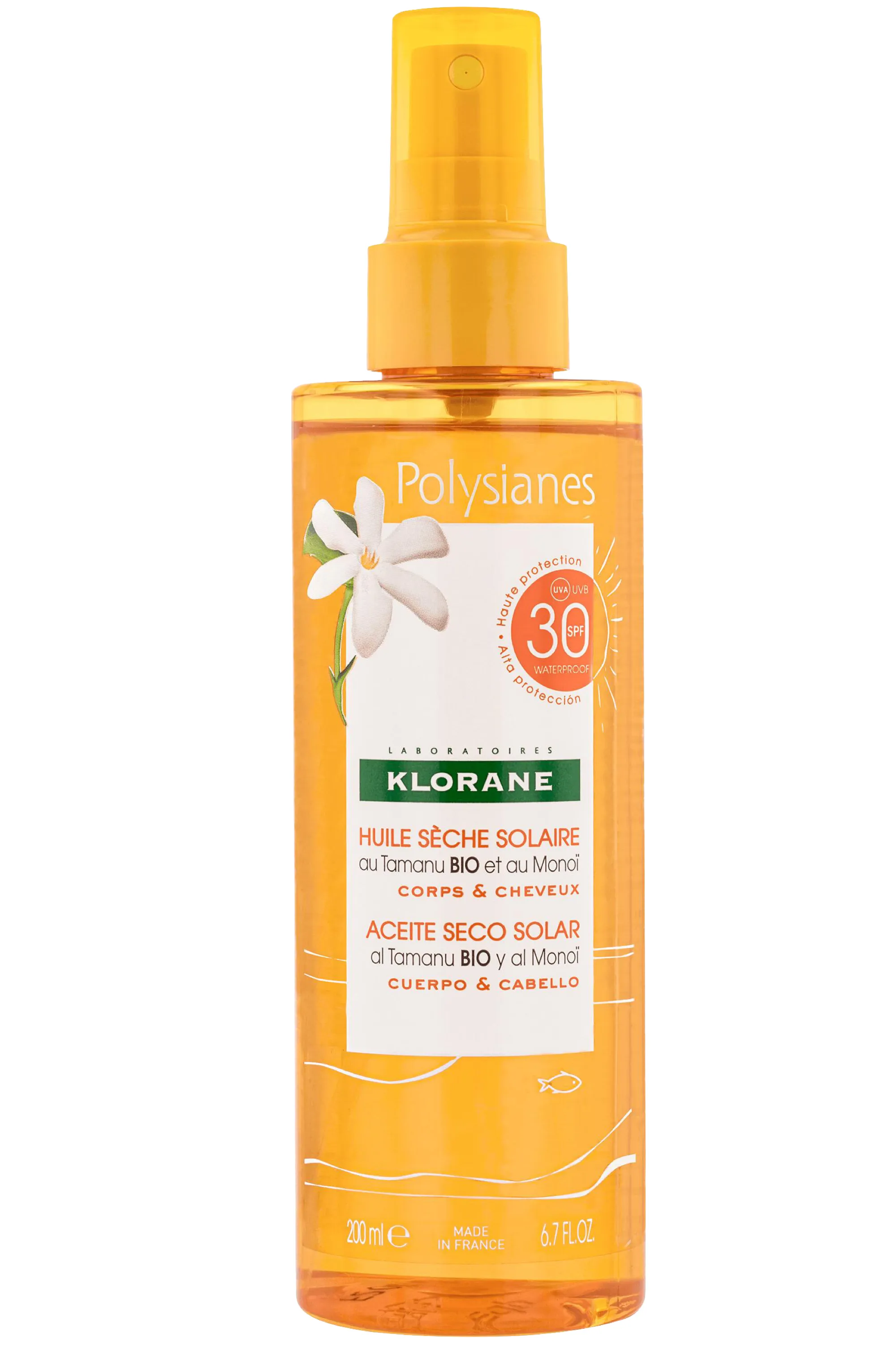 Klorane Huile sèche solaire SPF 30 au Monoï et Tamanu bio-200 ml