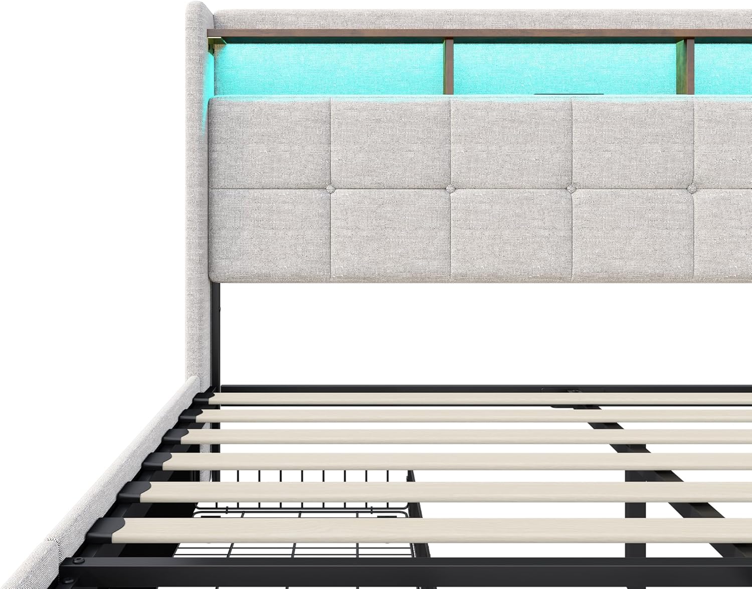 Doppelbett, gepolstert, 140 x 200 cm, Polsterbett mit 4 Schubladen, Boxbett mit Stauraum und Lattenrost, Kopfteil mit LED und USB, Bettgestell für Erwachsene, Jugendliche, Leinen (Beige, 140 x 200 cm)