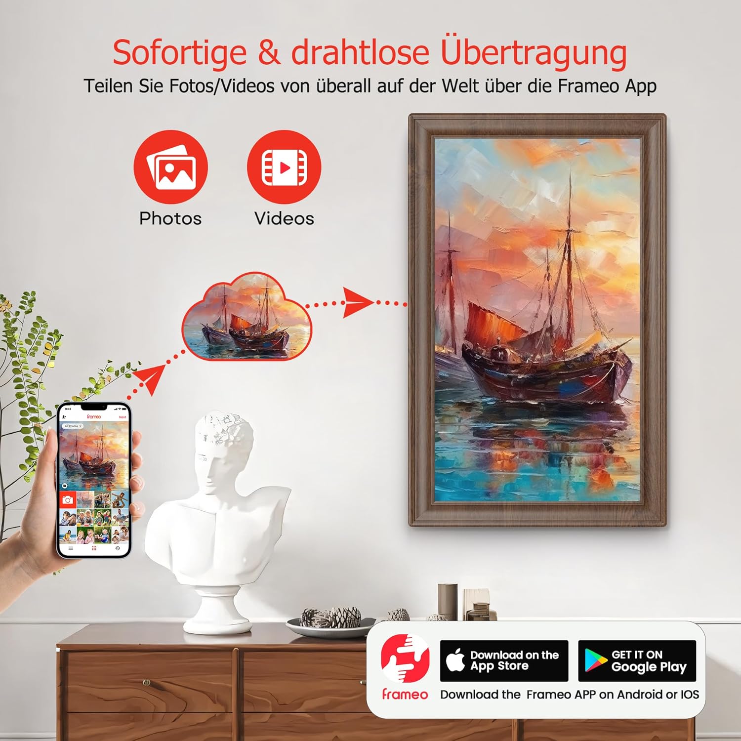64GB FRAMEO 15.6 Zoll Digitaler Bilderrahmen 64GB Holzmaserung - FHD 1920 * 1080P IPS Touchscreen Digitale Bilderrahmen Auto Rotation Elektronischer Fotorahmen, Teilen Sie Fotos/Videos Sofort
