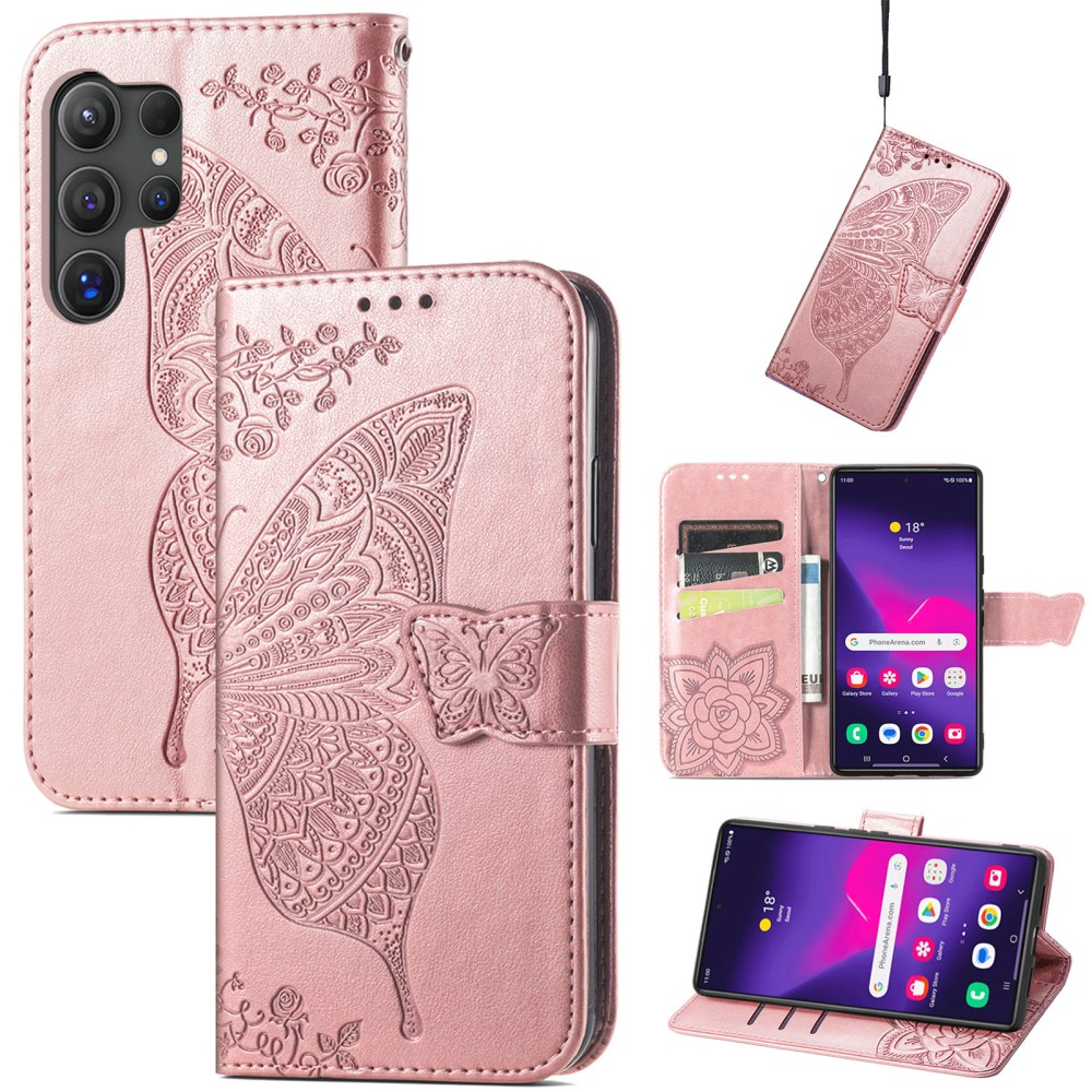 Samsung Galaxy S25 Ultra Leder Tasche Flip Cover Schmetterlinge Imprint - Roségold