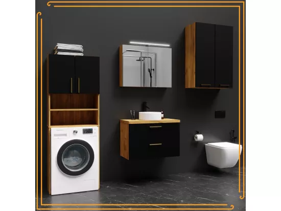 Armoire de salle de bain pour lave-linge et sèche-linge, colonne de rangement pour électroménager en chêne noir.