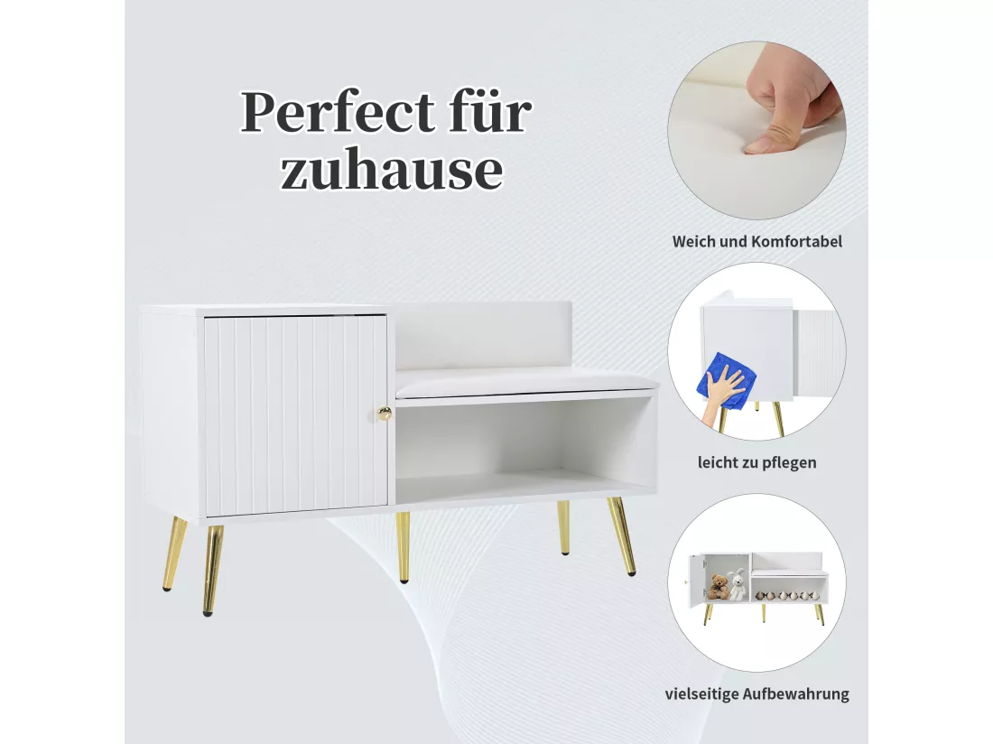 Banc à chaussures moderne avec 3 portes et coussin - pièds et poignées en métal - coloris blanc - 100 x 38 x 58 cm