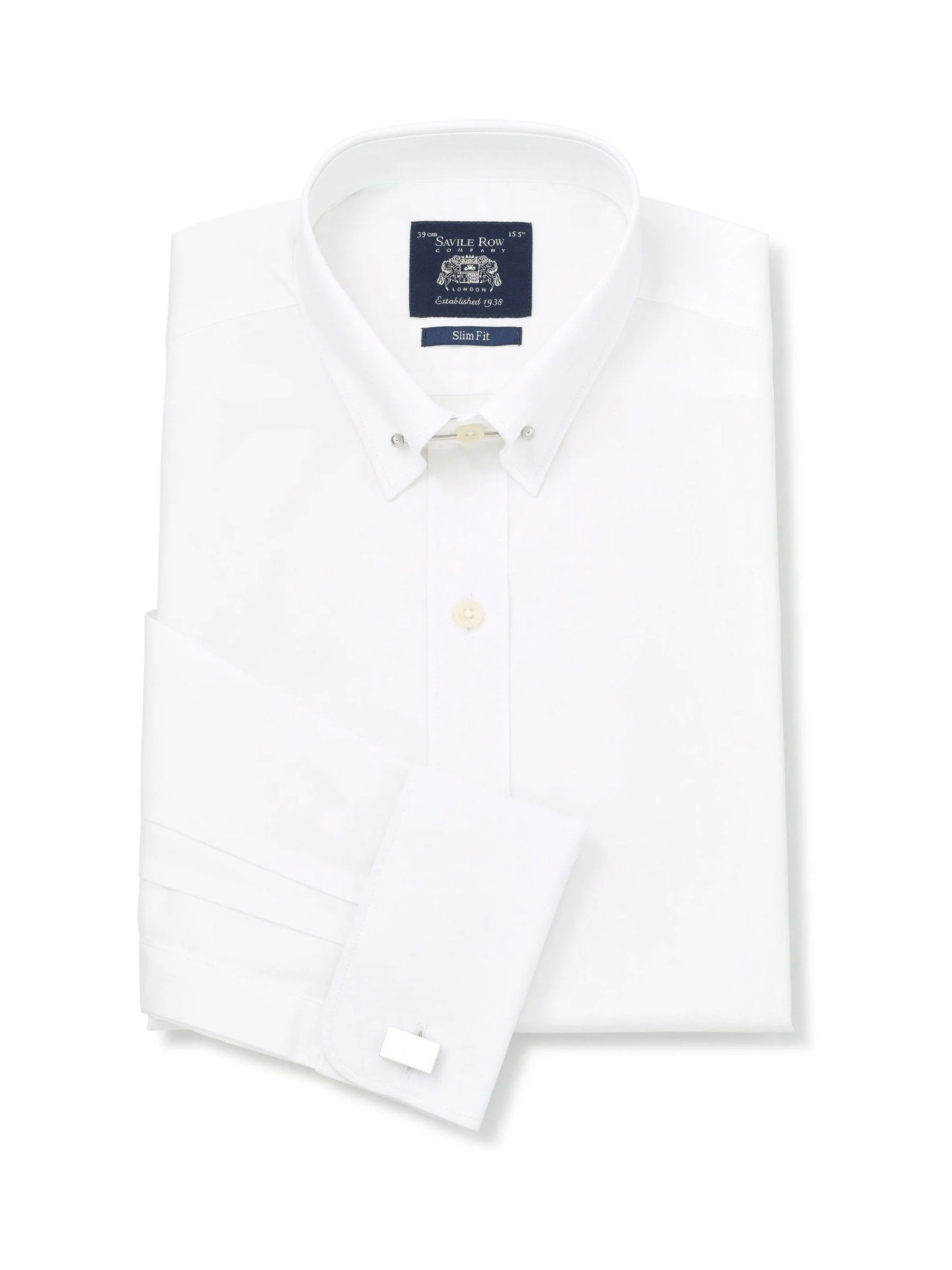 Savile Row Company - Wit overhemd met slim fit, dubbele manchetten en speldkraag van 100% katoen