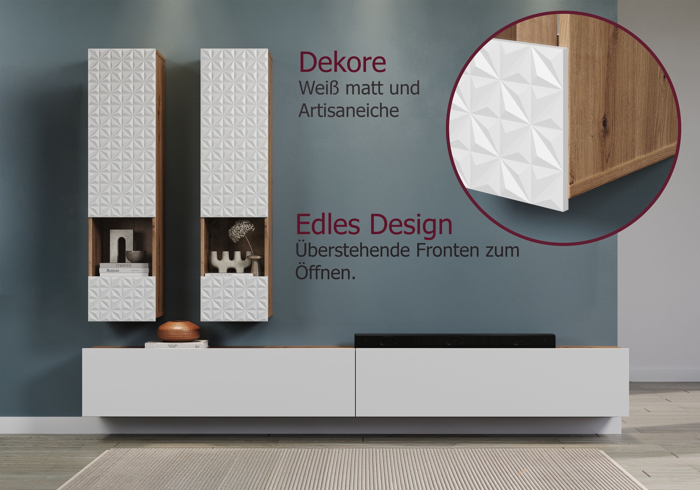 INOSIGN Wohnwand »Rezzo, 2 Hängevitrinen mit Relief-Front, 2 Lowboards je Br. 120 cm« Komplett-Set, 4 Stk. tlg.
