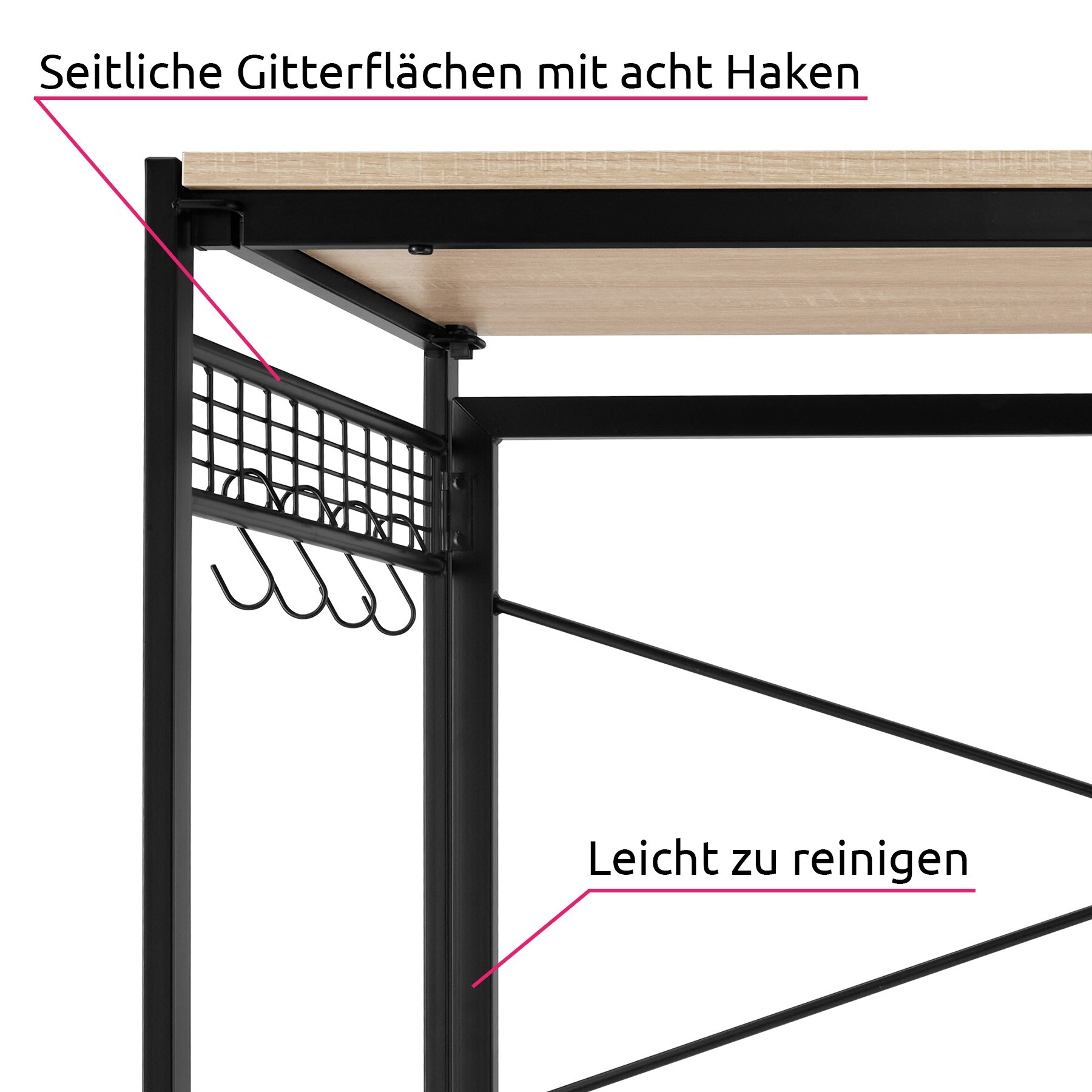 tectake® Schreibtisch, Industrial Style, klappbar, mit seitlichen Gitterflächen und 8 Haken, 102 x 51 x 77 cm