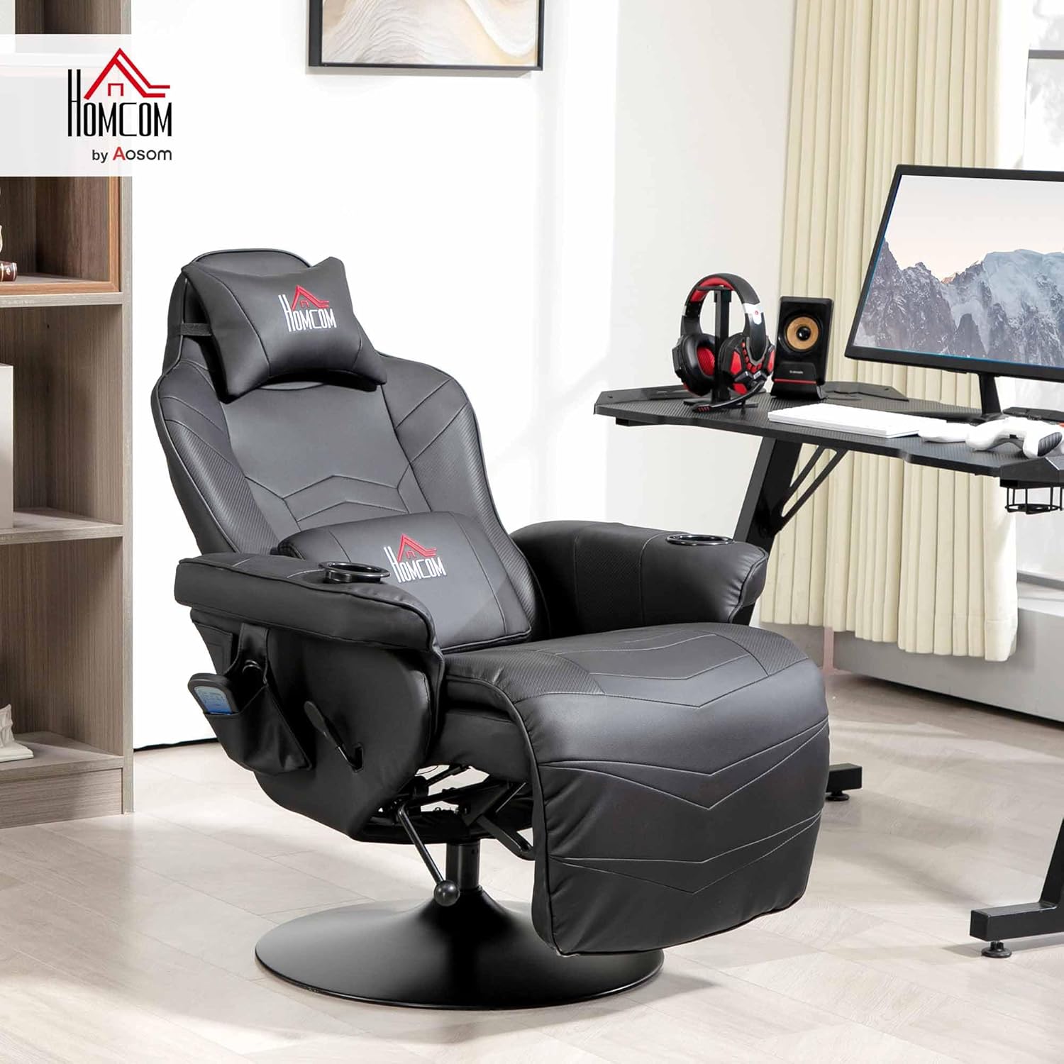 HOMCOM Relaxsessel Elektrisch Fernsehsessel Massagesessel mit Liegefunktion Massage 360° Drehbarer TV Sessel mit Fernbedienung, Becherhalter Seitentasche, für Wohnzimmer Kunstleder Schwarz