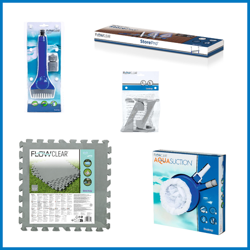 Kit para piscina Kokido com limpador de piscina, escova, protetor, organizador e suporte para mangueira.