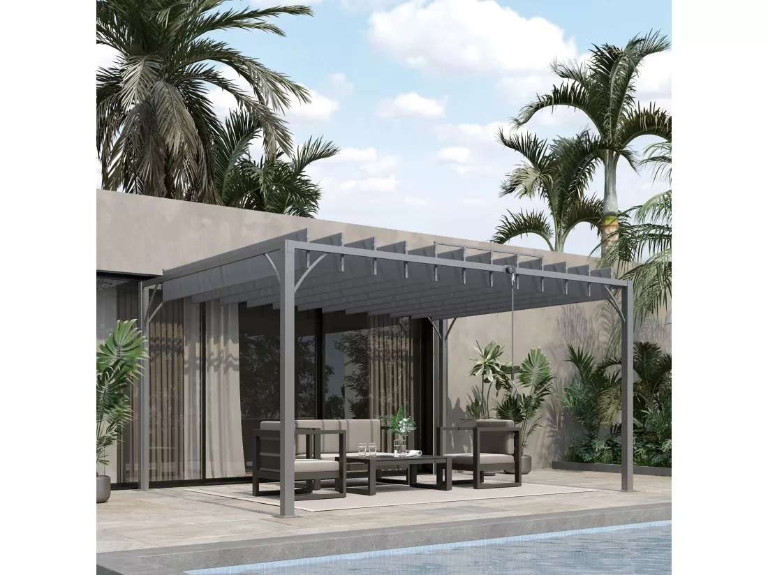 Pergola lames orientables dim. 3,9L x 2,95l x 2,13H m structure alu. acier époxy polyester gris