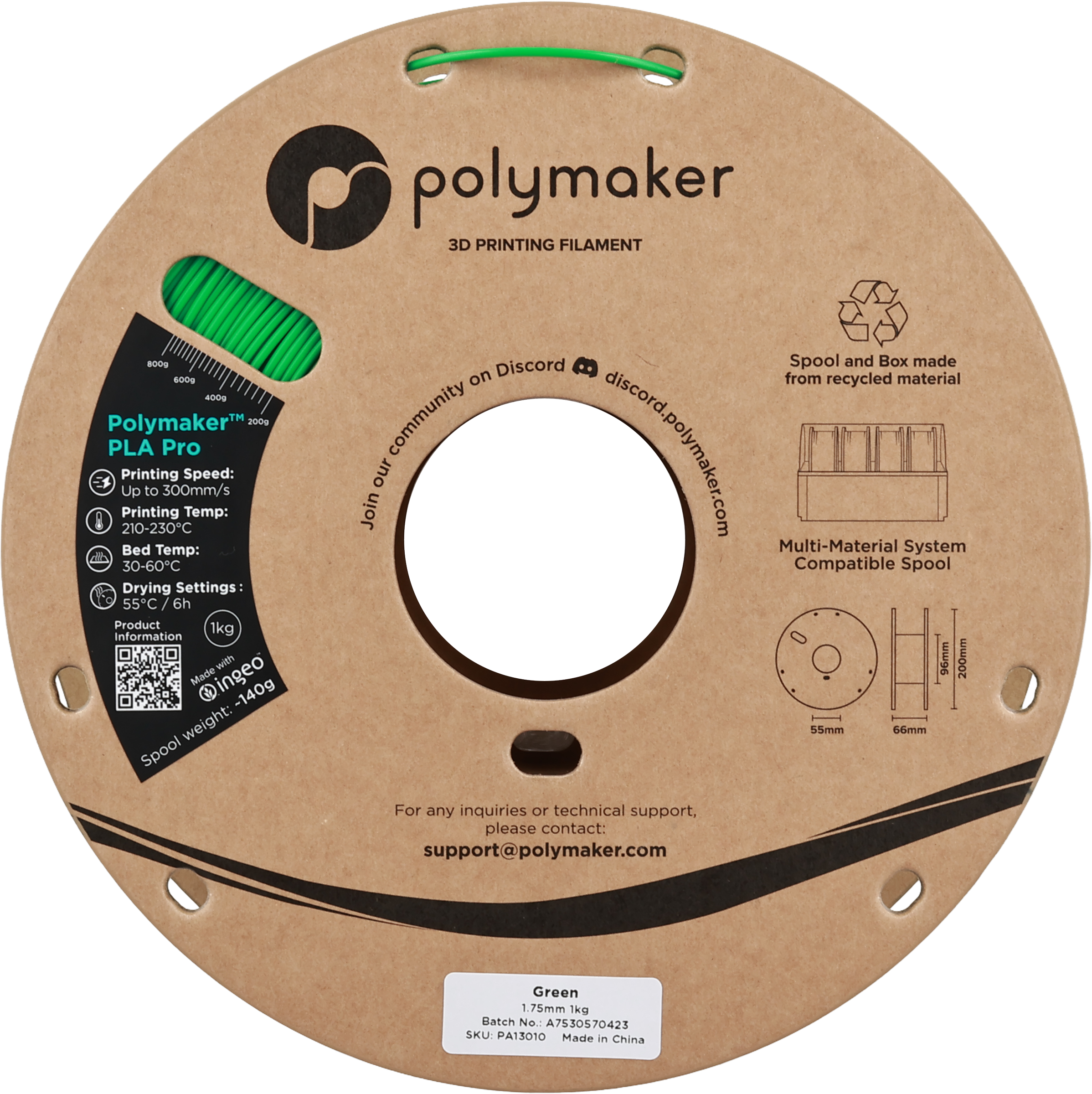 Polymaker  PLA Pro Green, 1,75 mm / 1000 g    Neue, verbesserte Formulierung: Hochleistungs-High Speed-PLA in Green