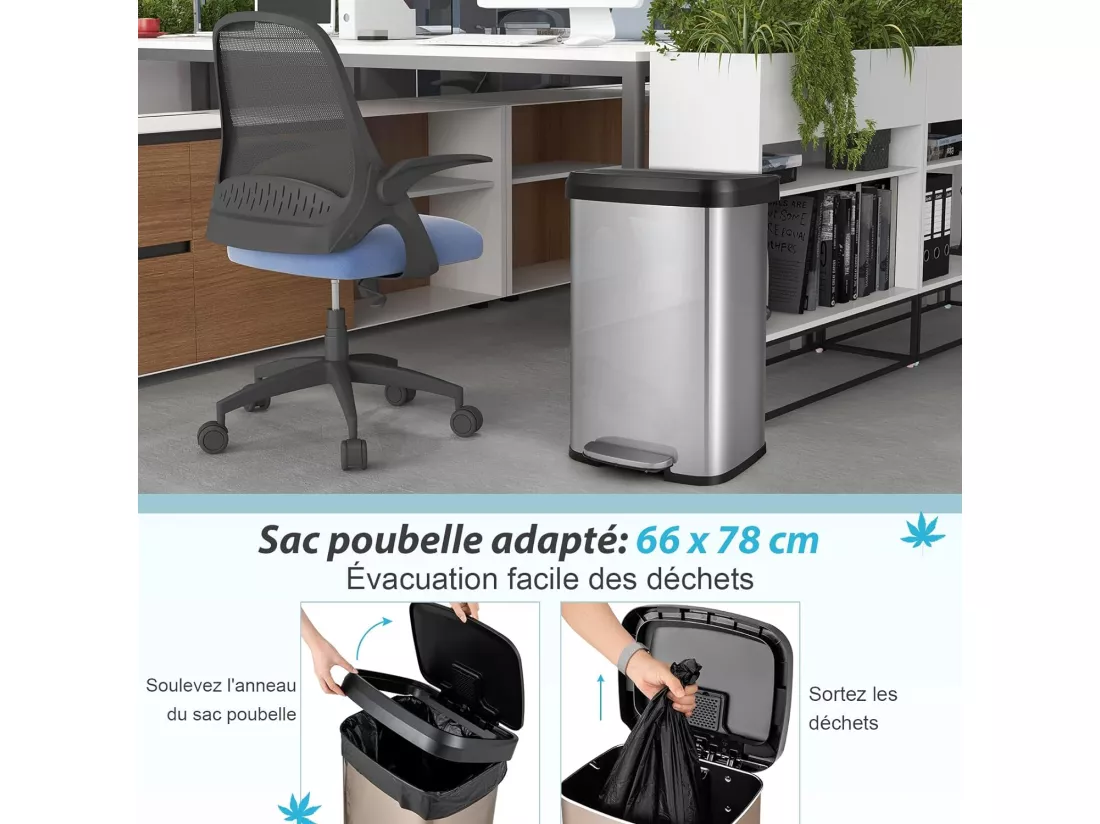 Poubelle Cuisine 50 Litres en Acier Métal, Poubelle Rectangulaire Pédale Amortisseur, Casier Désodorisant, Couvercle Fermeture Douce, Anti-Empreintes, pour Bureau, Salle de Bain (Argent)