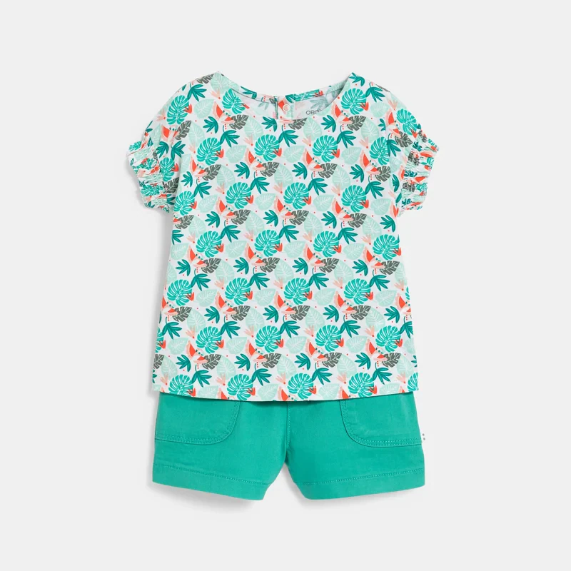 Tee-shirt imprimé tropical et short micro twill de coton vert bébé fille Vert