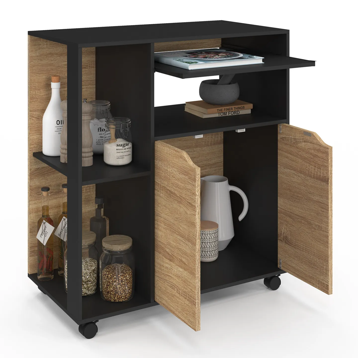 Desserte de cuisine COSI bois noir et portes façon hêtre L.76 CM