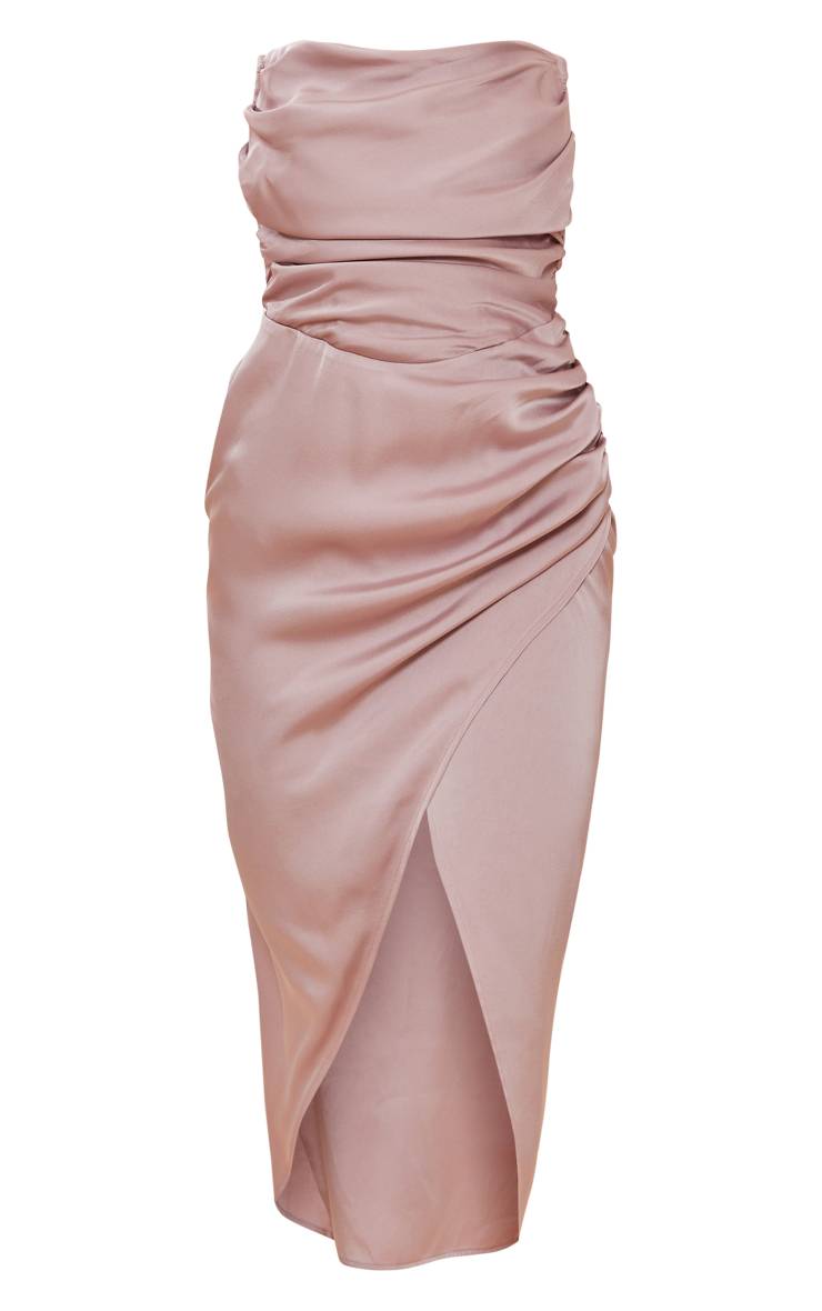 Rose Pâle Robe Midiaxi Bustier En Satin Avec Détails Froncés