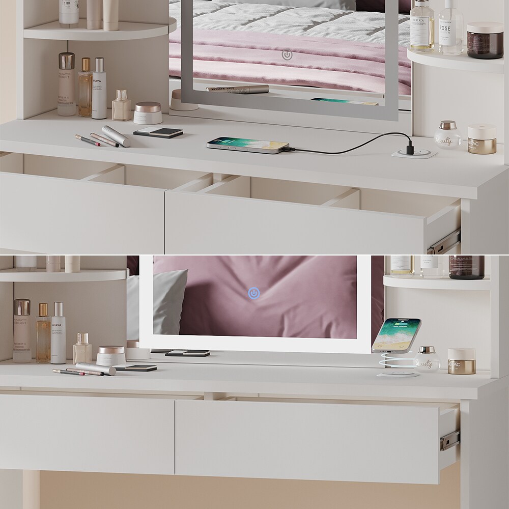Vicco Schminktisch Charlotte Weiß 106 cm mit LED-Spiegel QI-Ladestation und Hocker