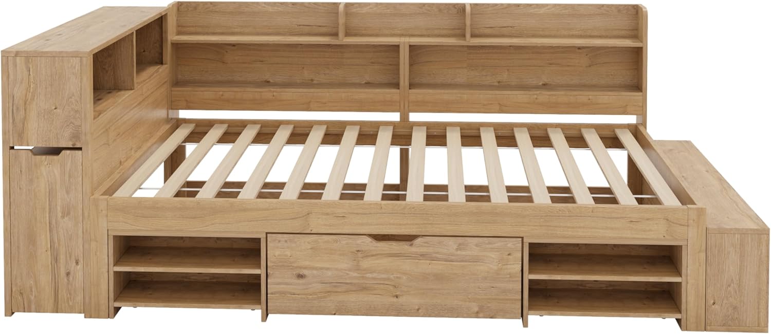 Holzbett Stauraumbett 90 x 200 cm, multifunktionales Tagesbett mit Nachtkästen, Regalen und Stauschränken, Einzelbett für Kinder und Jugendliche, Natur FK0021076