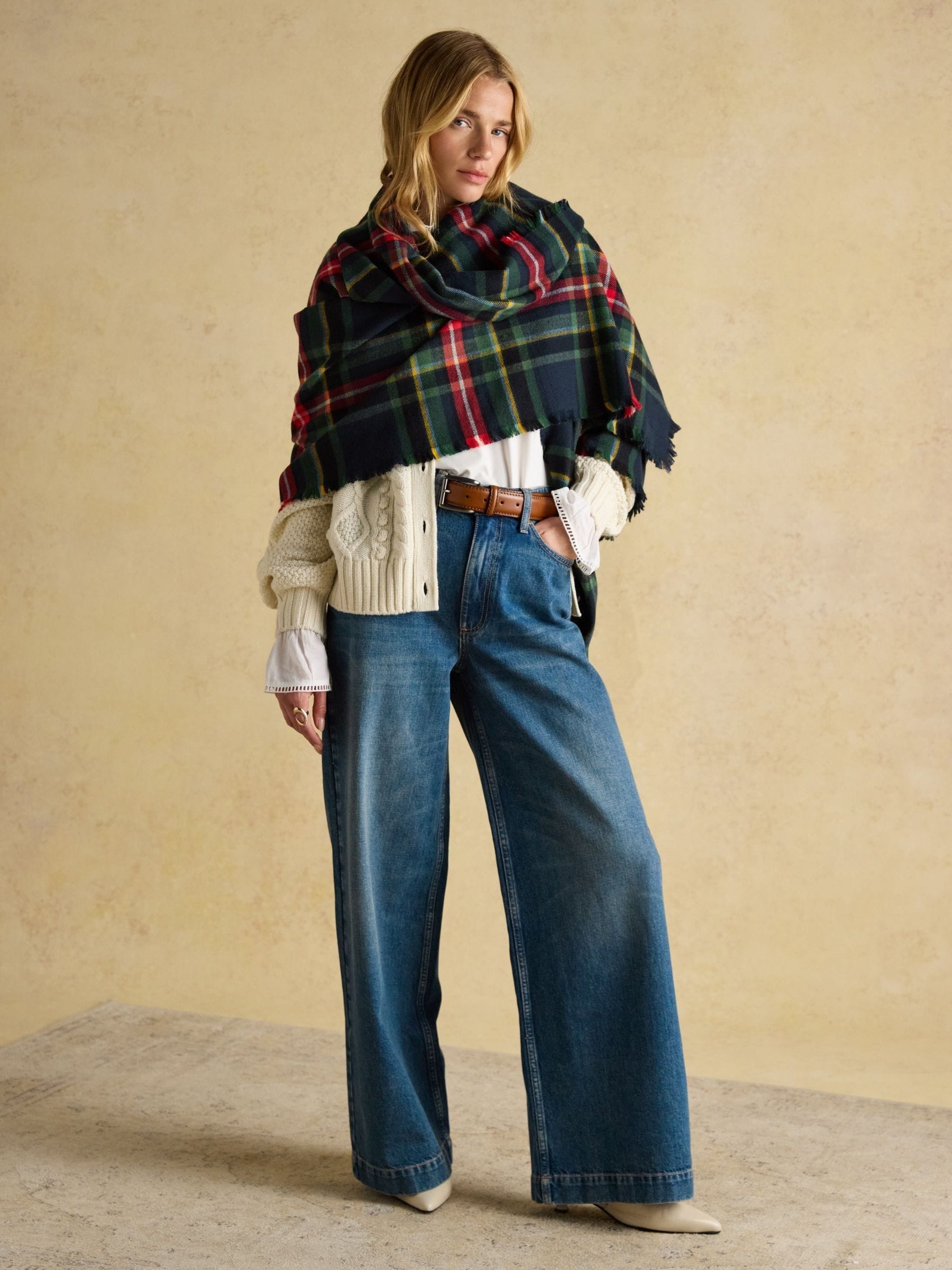Red & Navy Tartan Check - Joules Bracewell Large Scarf