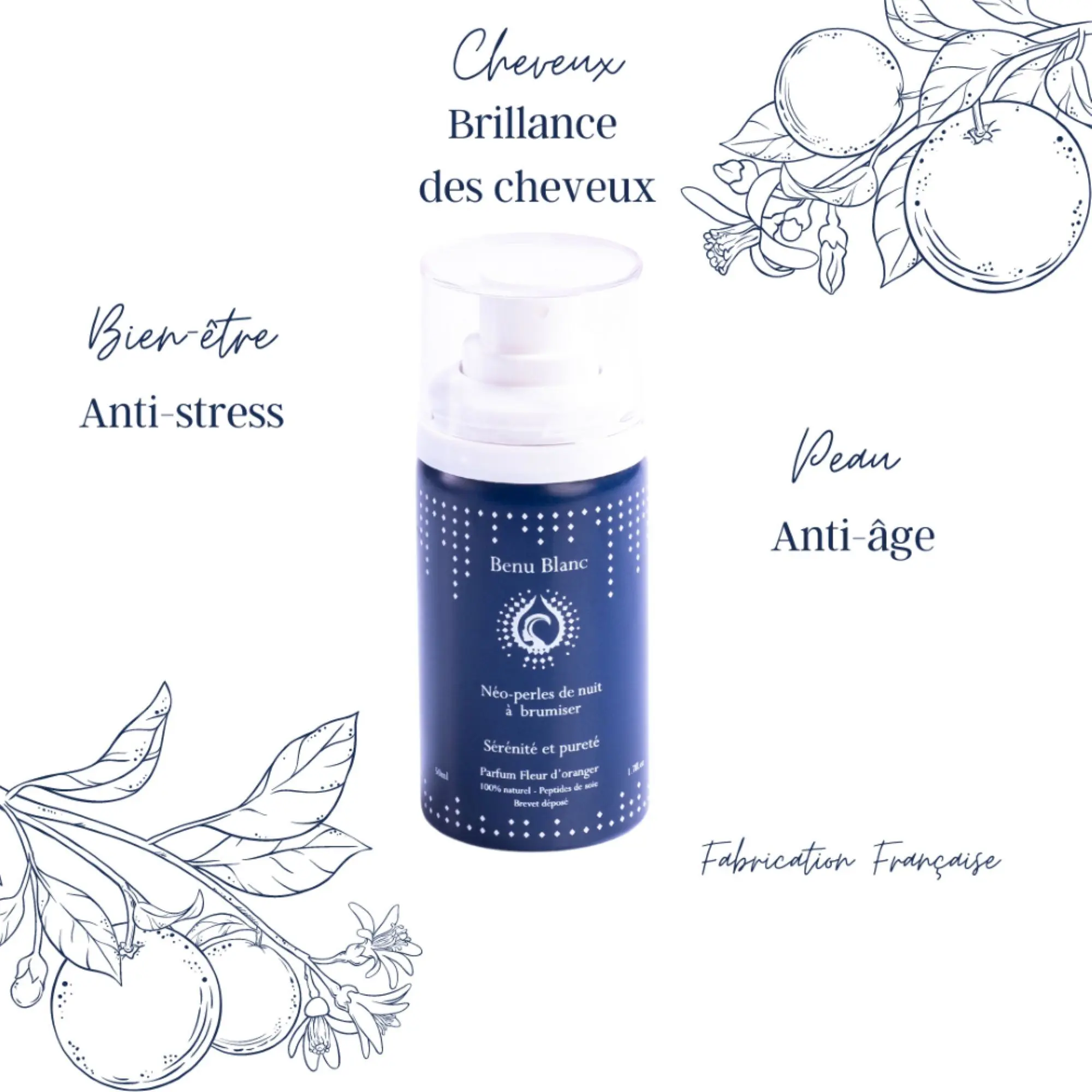 Benu Blanc - Nuit de Soie Brume d'oreiller beauté - Fleur d'oranger Sérénisante- Brume parfumée